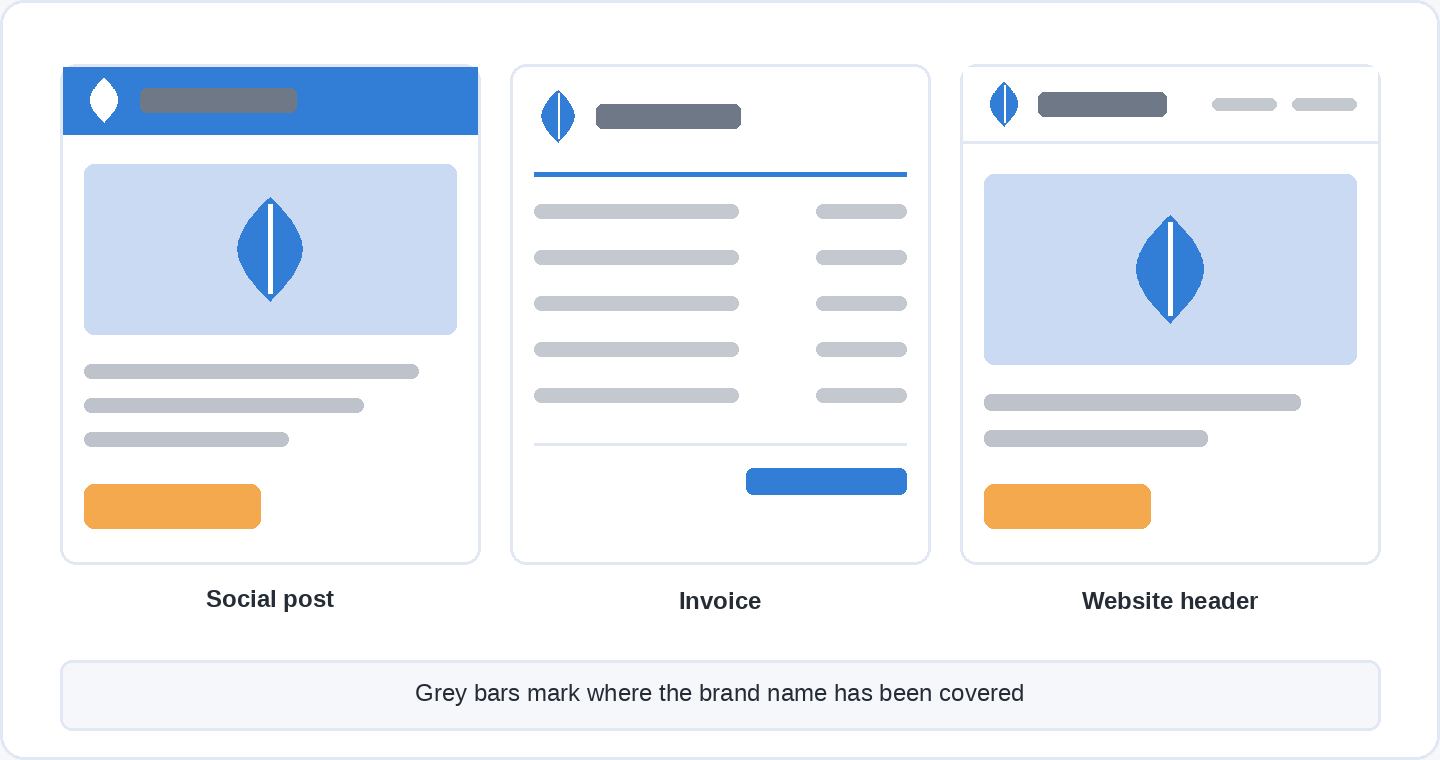 Three touchpoints side by side, a social post, an invoice and a website header, sharing one colour, one typeface and one mark, with the brand name covered by a grey bar in each.