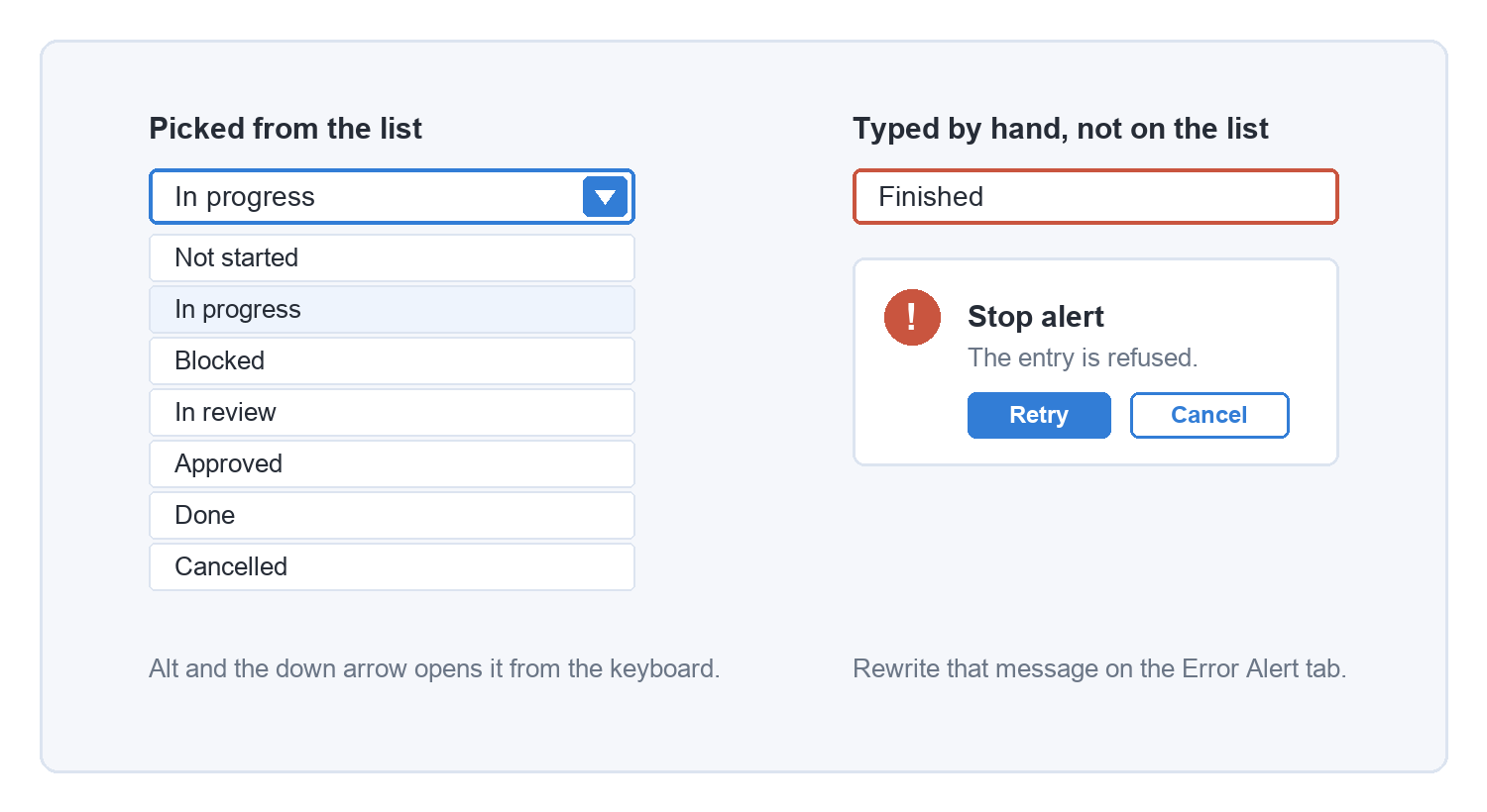 A validated cell showing the open list of seven statuses beside a typed entry refused by a Stop alert offering Retry or Cancel.
