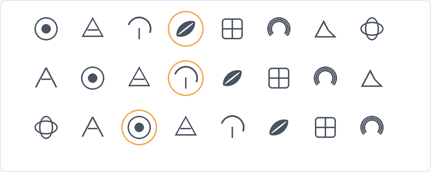 A grid of twenty-four small black thumbnail sketches of simple logo shapes, with three of them circled in amber as the ones worth developing.