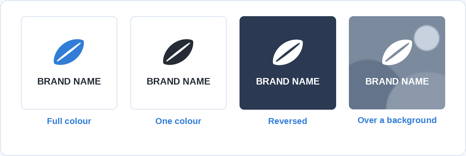 One logo lockup shown in full colour, in a single colour, reversed out of a dark panel, and placed over a photographic background.