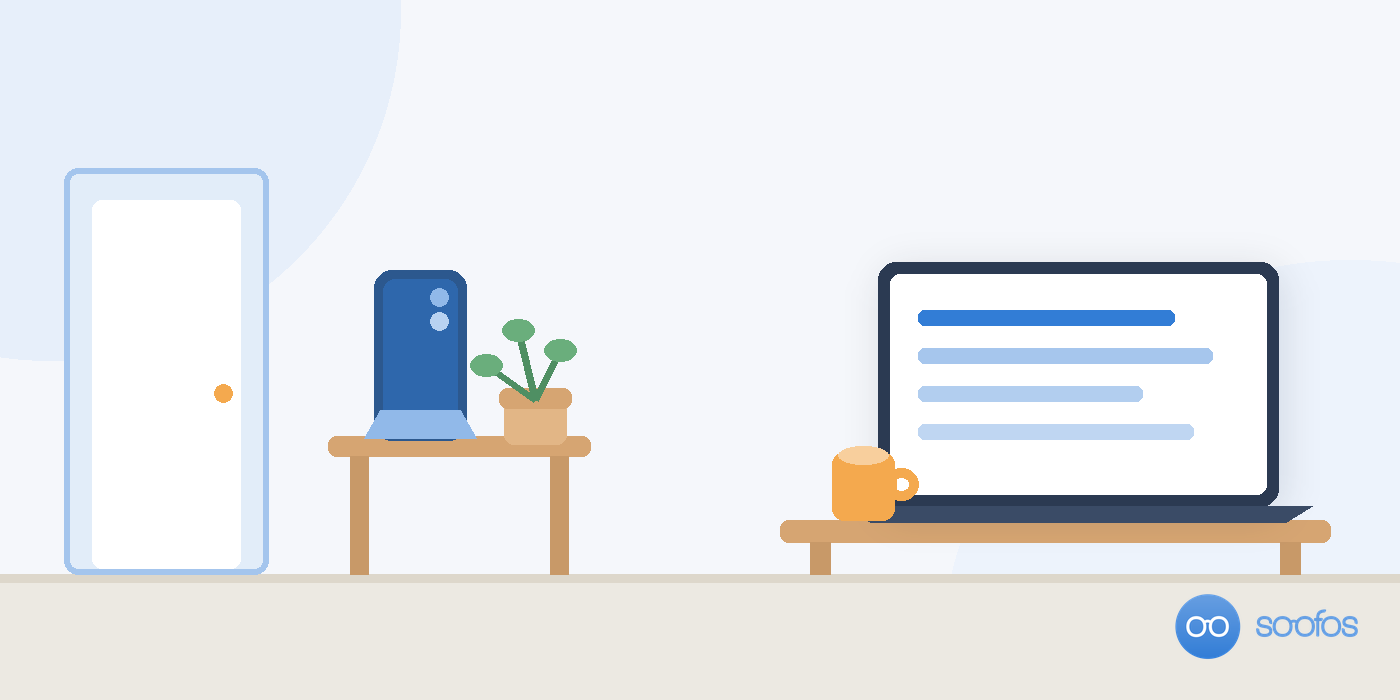 Illustration of a hallway console table beside a door, holding a phone upright on a charging stand and a small plant, with a desk, a laptop and a mug further inside the room.