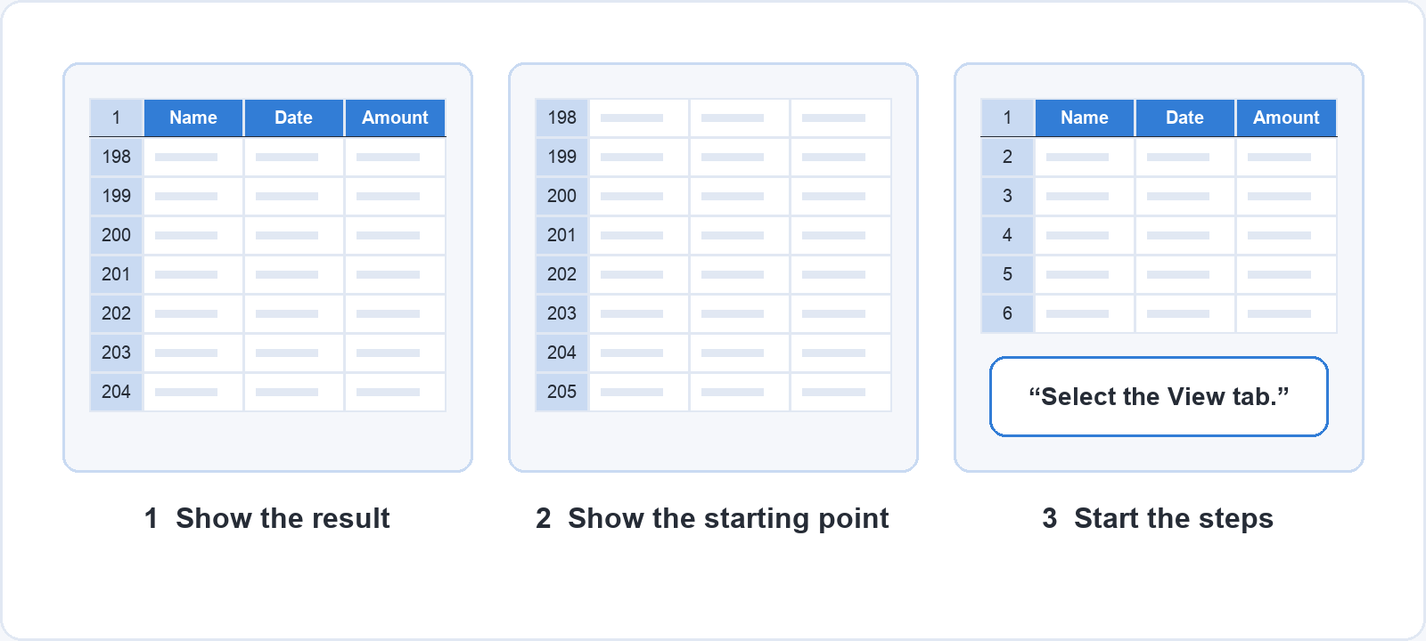 Three storyboard frames for the opening of a spreadsheet video. One, show the result: the header row stays at the top while rows 198 to 204 are visible. Two, show the starting point: rows 198 to 205 with no header. Three, start the steps, with the narration Select the View tab.