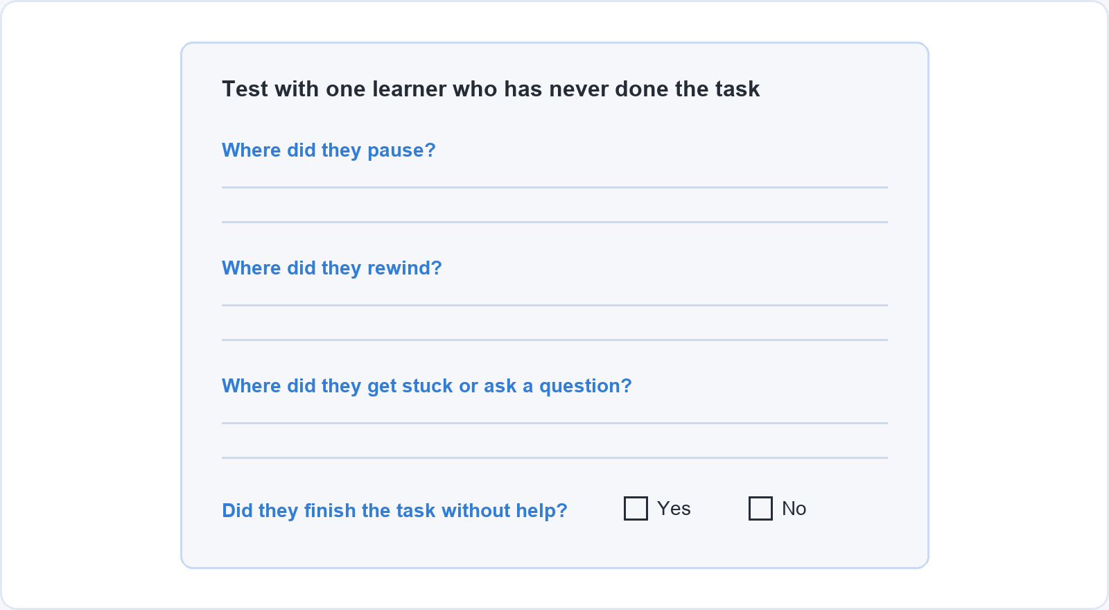 A test sheet for one learner who has never done the task, with space to note where they paused, where they rewound and where they got stuck or asked a question, and a yes or no box for whether they finished the task without help.